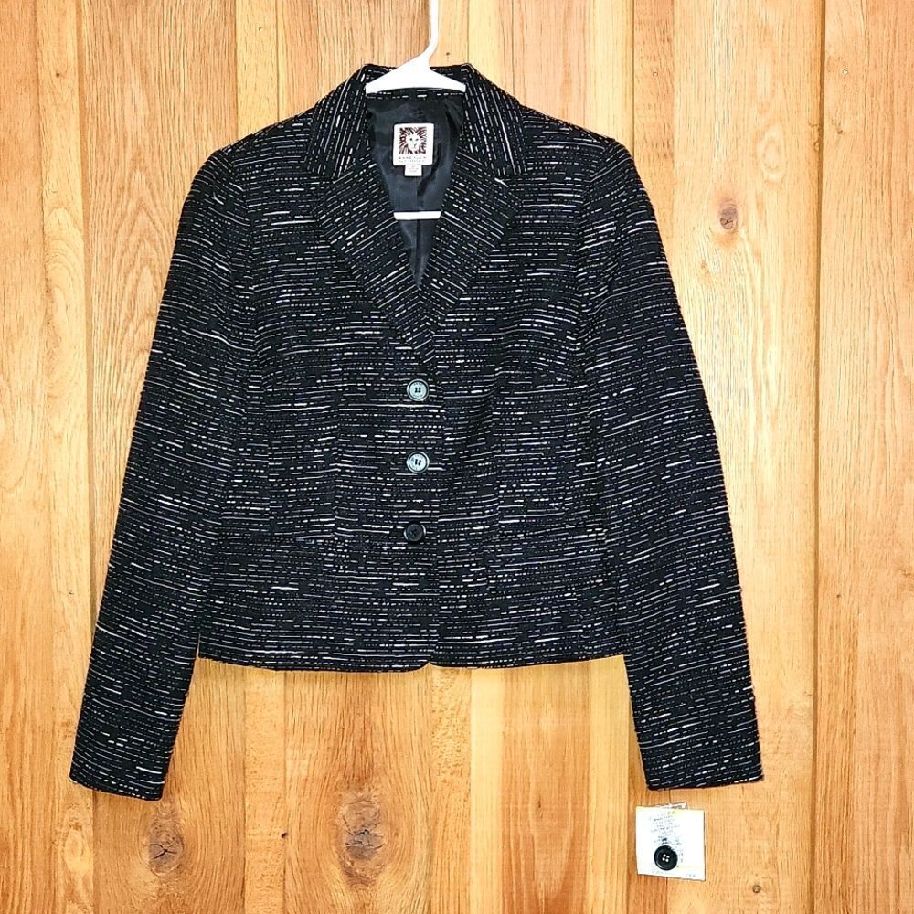Anne Klein Single Breasted Cocktail Holiday Party Blazer 4 Petite, Black & White